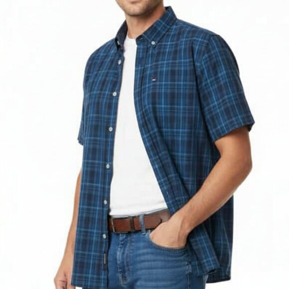 Tommy Hilfiger Men's XXL Blue & Gray Plaid Short Sleeve Button-Down 100% Cotton - Picture 2 of 7